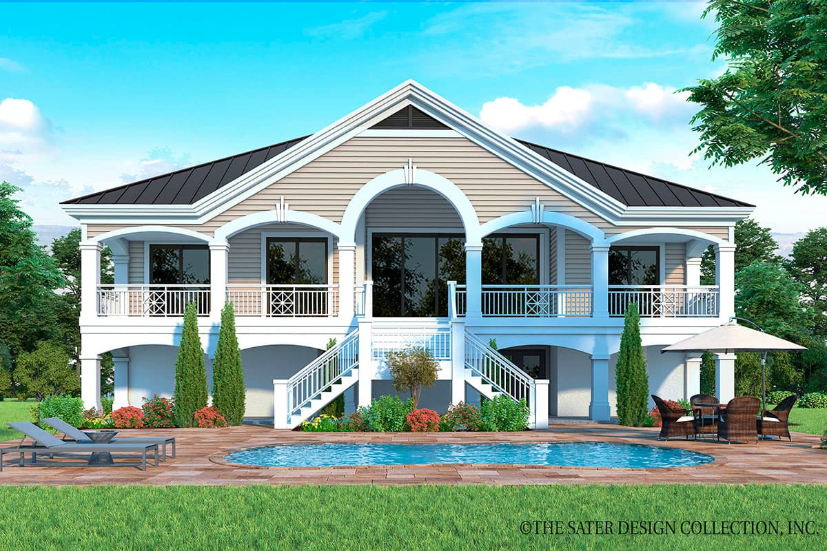 House plan exterior: two-story home with a gabled roof, arched covered balconies, and a raised foundation with double staircases.