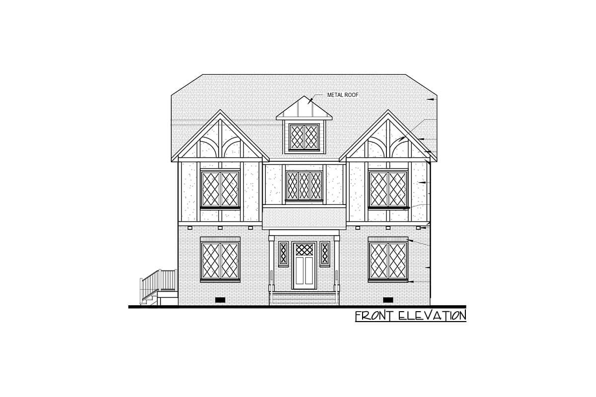 Front elevation drawing of a two-story Tudor-style house with prominent gables, diamond-pane windows, and a metal roof.