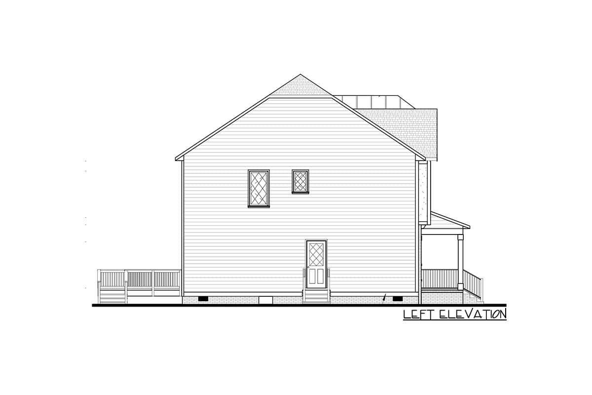 Left elevation drawing of a house plan with a gable roof, diamond-pane windows, and a covered porch.