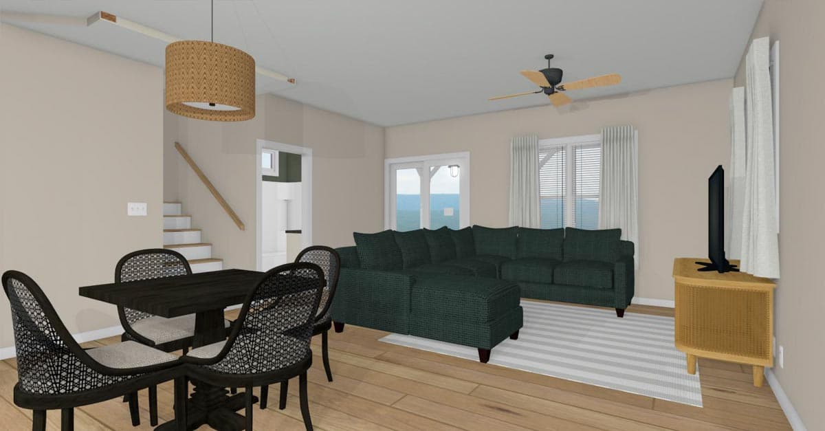 Interior rendering of an open-concept living and dining area with stairs, sectional sofa, and dining set.