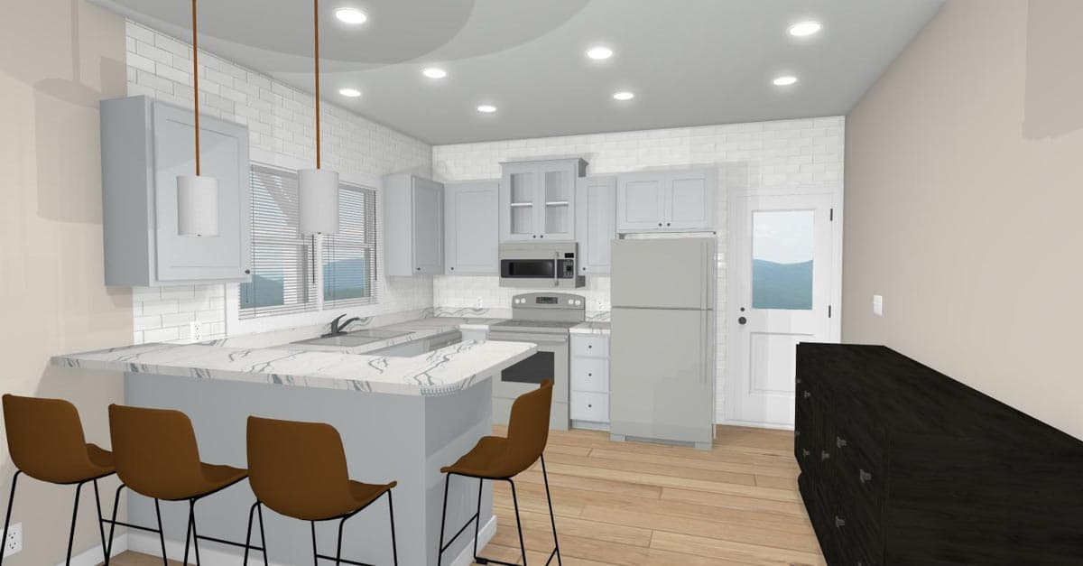 Kitchen rendering with light gray cabinets, white subway tile backsplash, island with seating, and stainless steel appliances.