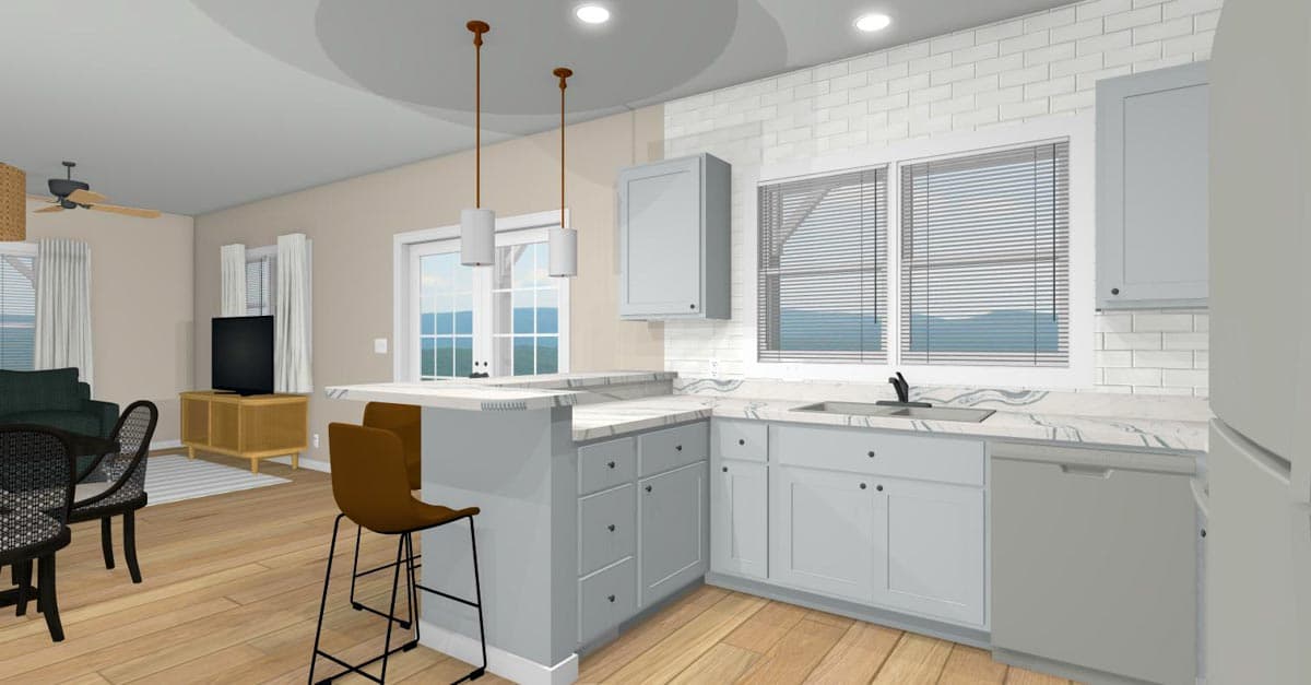 Kitchen and living area rendering with breakfast bar, pendant lights, fireplace, and open concept.