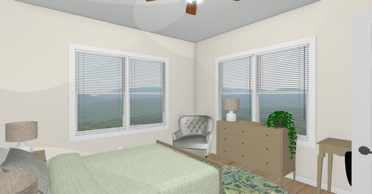 Bedroom rendering with bed, dresser, chair, and two windows with landscape view.