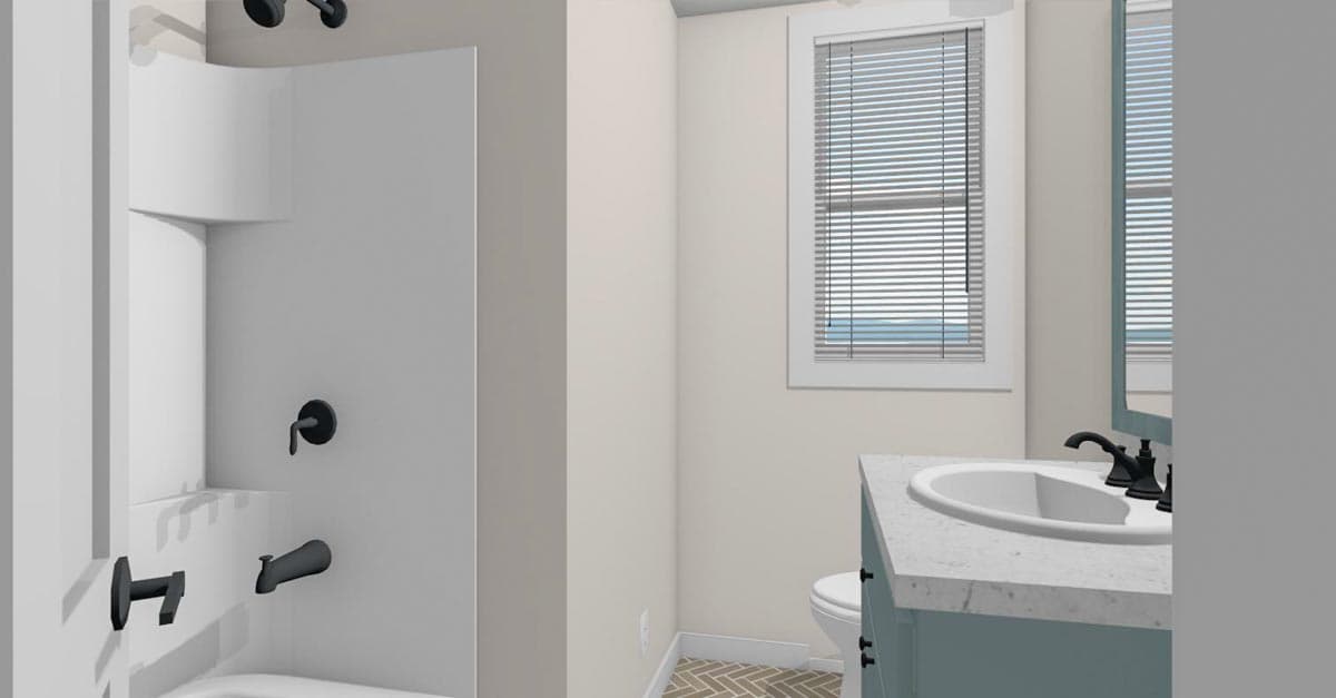 Bathroom interior rendering showing white tub-shower unit, vanity with sink, toilet, and window with blinds.