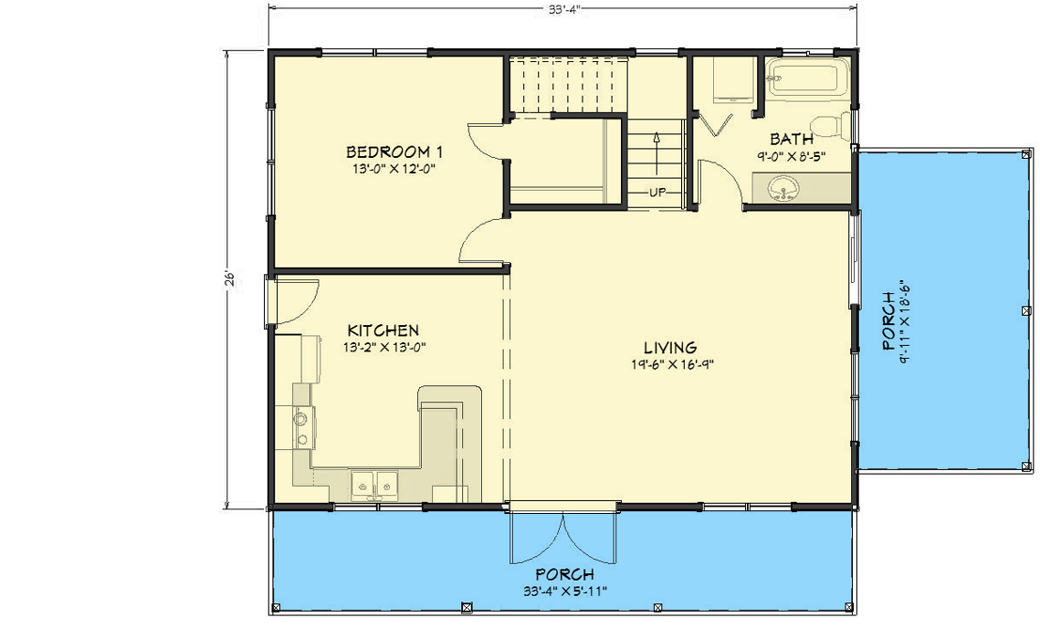 Plan 430832SNG: Light-Filled 1200 Square Foot Country Cabin with Front and Side Porches - Floor Plan - Main Level - Cabin, Cottage, Country, Modern Farmhouse, Rustic