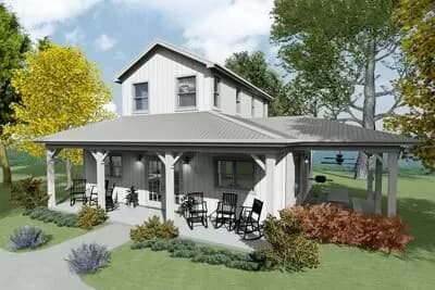 Light-Filled 1200 Square Foot Country Cabin with Front and Side Porches