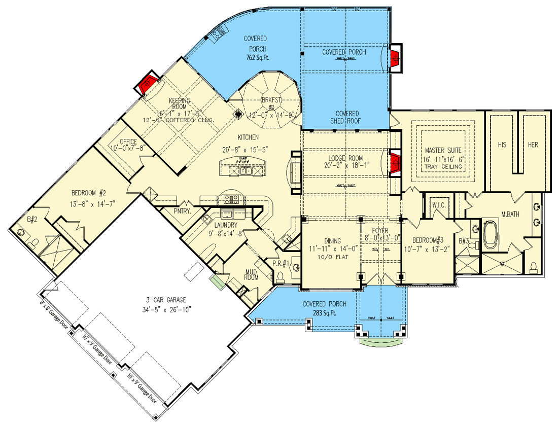 Plan 25792GE: 3-Bed Craftsman Ranch House Plan with His and Hers Master WIC - Floor Plan - Main Level - Country, Craftsman, Ranch, Rustic, Southern