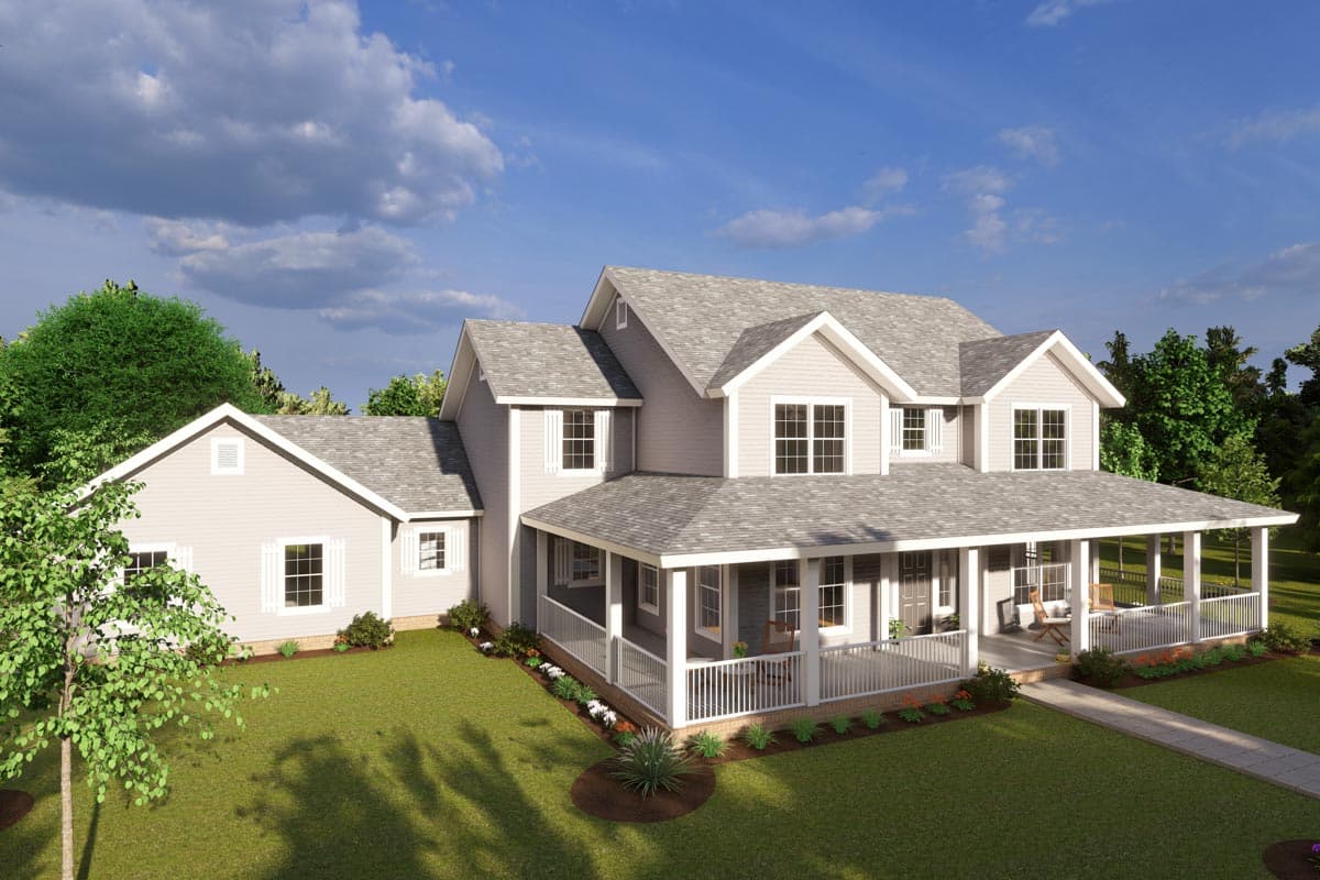 Modern farmhouse house plan exterior with wrap-around porch, gables, dormers, and attached garage.