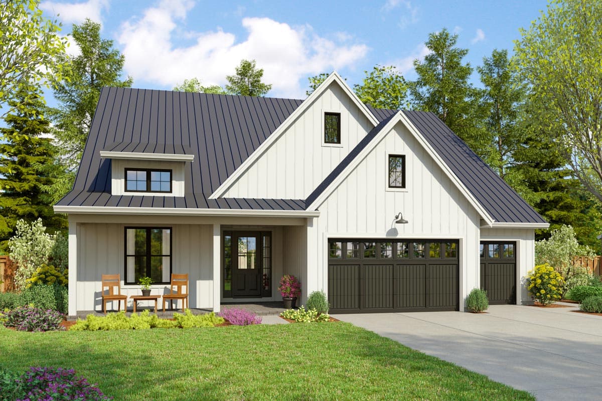 House plan exterior. Modern Farmhouse style with a two-story layout, a front porch, multiple gables, and a two-car garage.