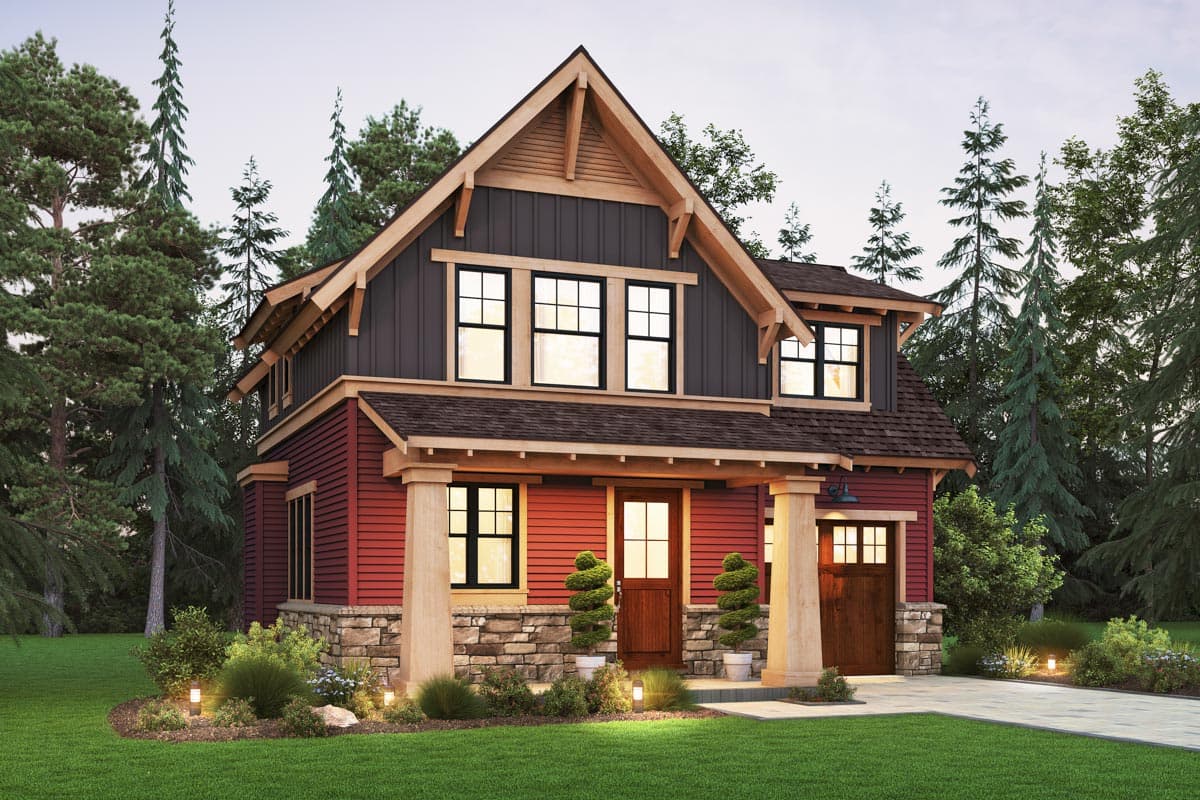 Craftsman house plan exterior: two stories, covered porch with stone pillars, prominent gables, and a garage.