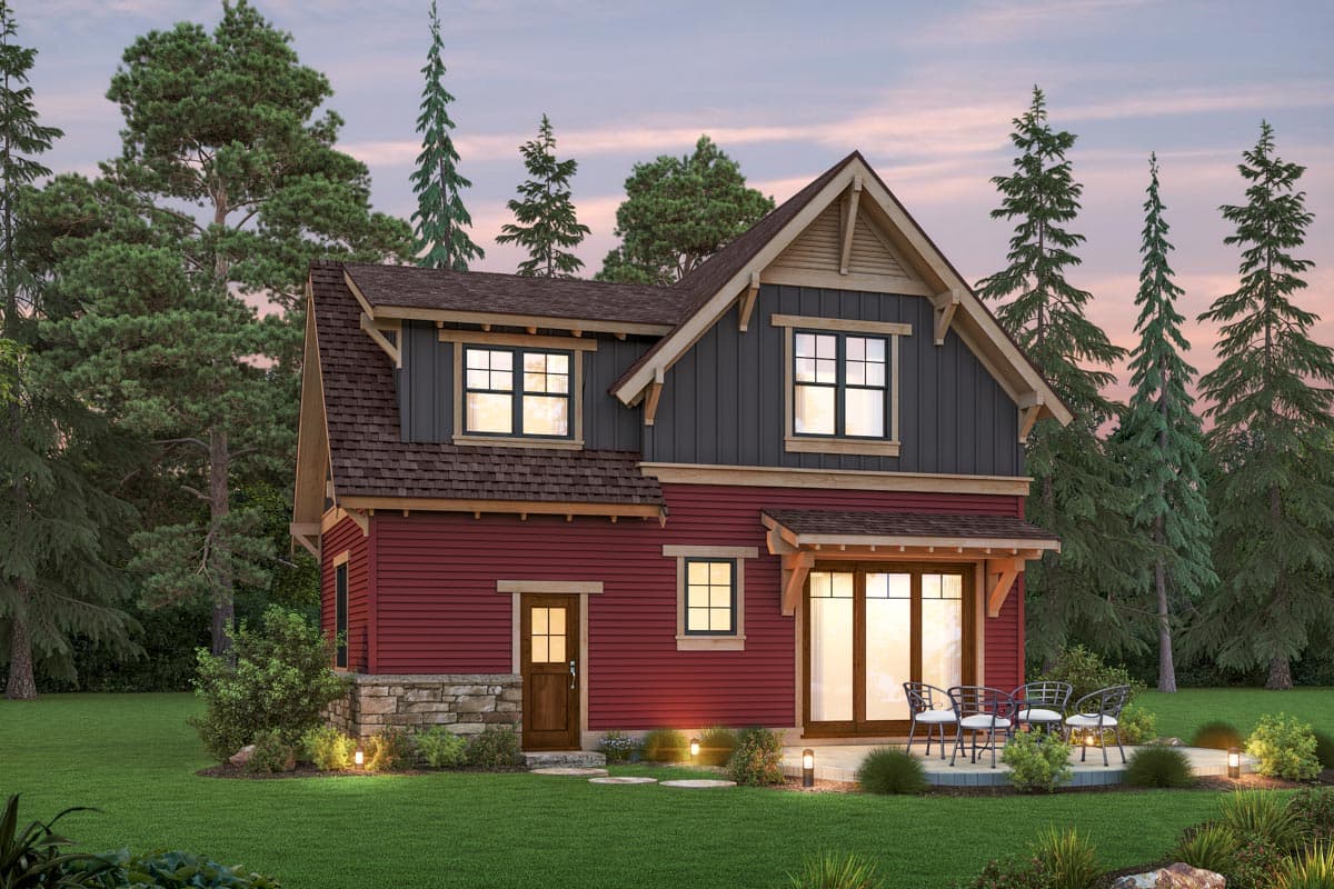 House plan exterior: Two-story home with stone foundation, dormer window, gables, and double doors.