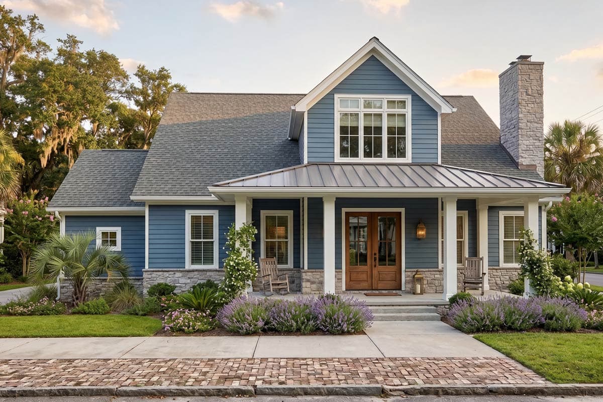 House plan exterior: Blue two-story Modern Farmhouse with gable roof, stone chimney, metal porch roof, and double front doors.