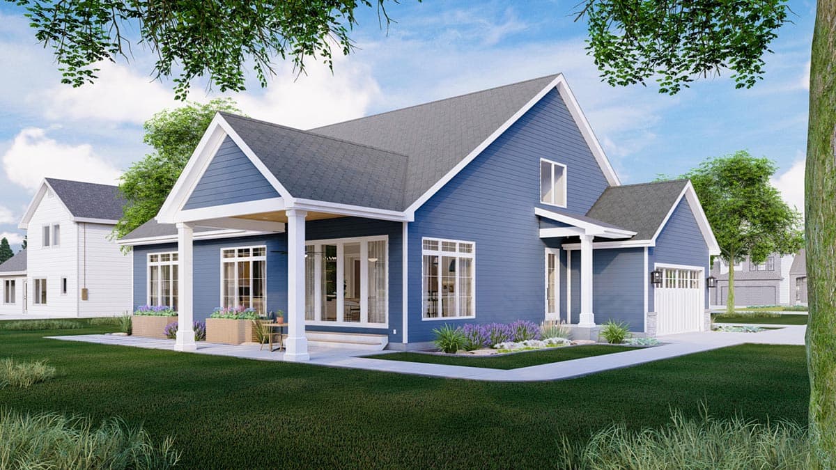Modern Farmhouse house plan exterior with covered porch, gables, and attached garage.