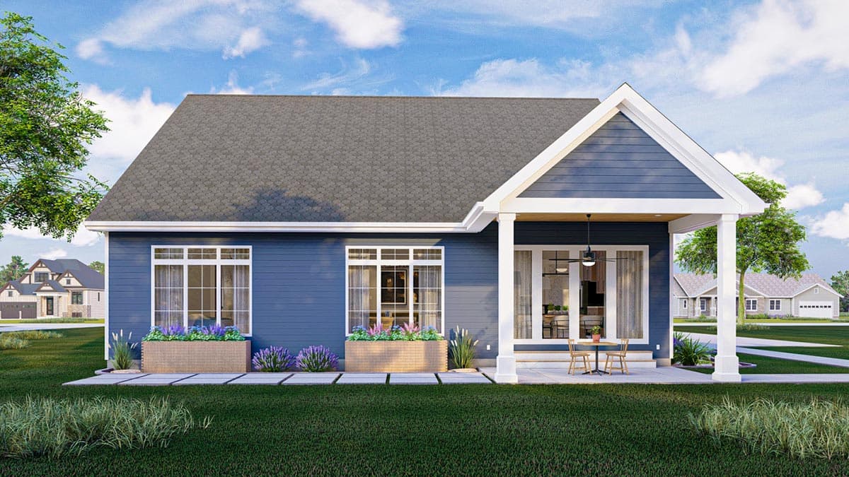House plan exterior: Single-story Modern Farmhouse with gabled front porch, wide-pane windows, and blue siding.