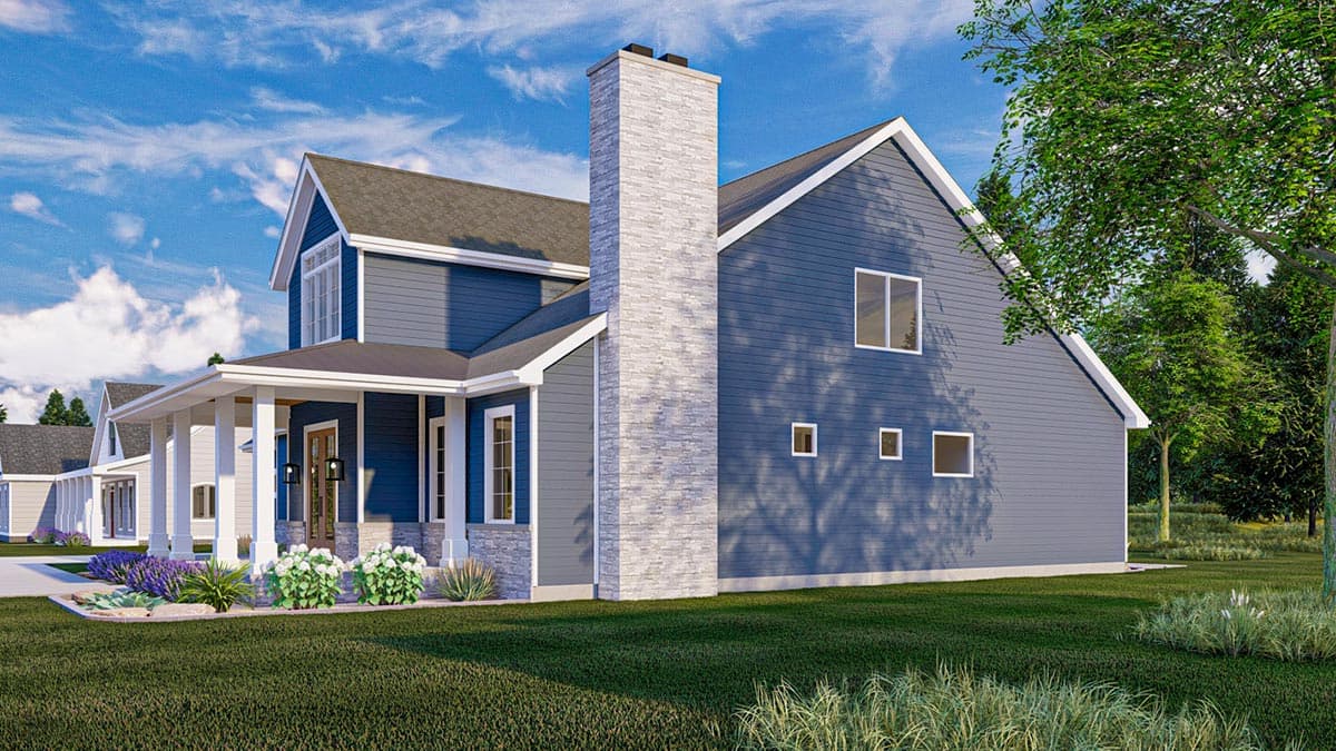 Modern Farmhouse house plan exterior with a covered porch, prominent stone chimney, and multi-story gables.