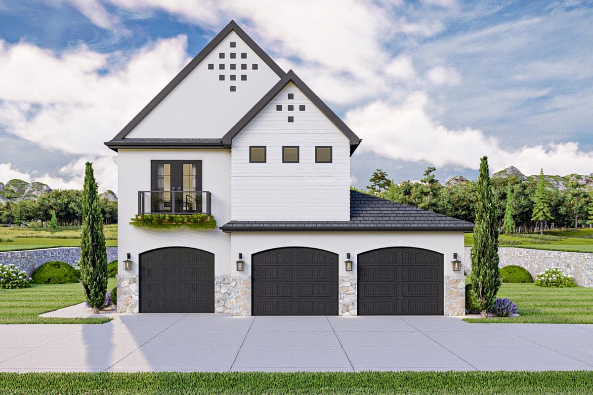 House plan exterior. Two-story home with a gabled roof, three-car garage, and balcony with black trim. Stone accents.