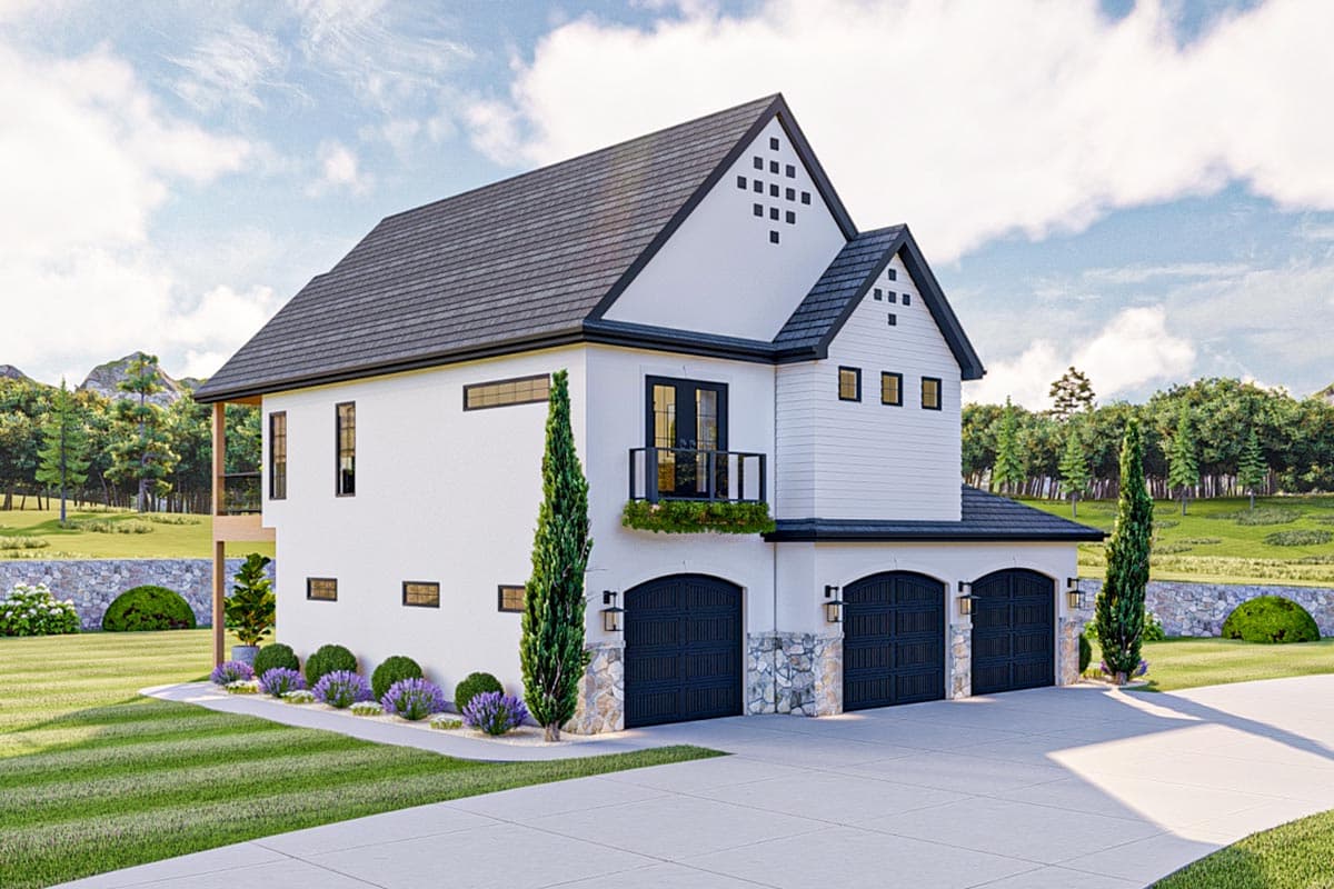 House plan exterior with three-car garage, white stucco and siding, prominent gables, and a second-story balcony.
