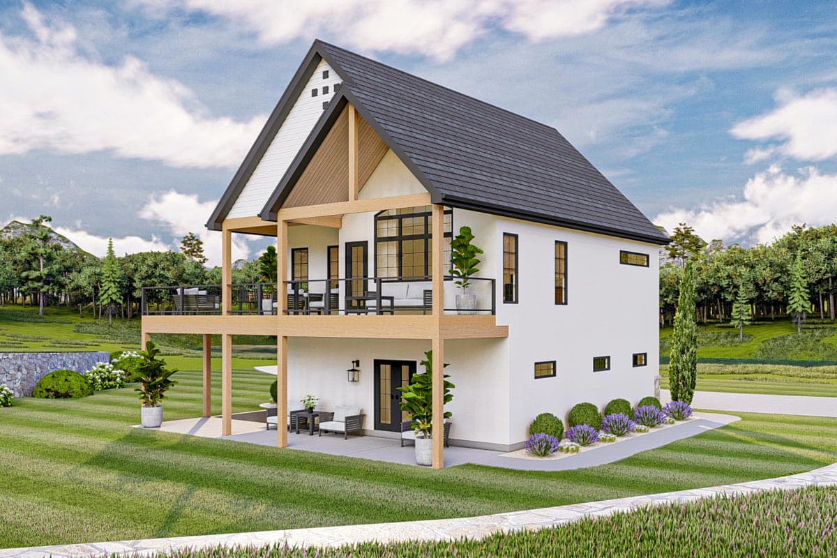 Modern house plan exterior with two stories, a prominent gable, and wrap-around balconies.