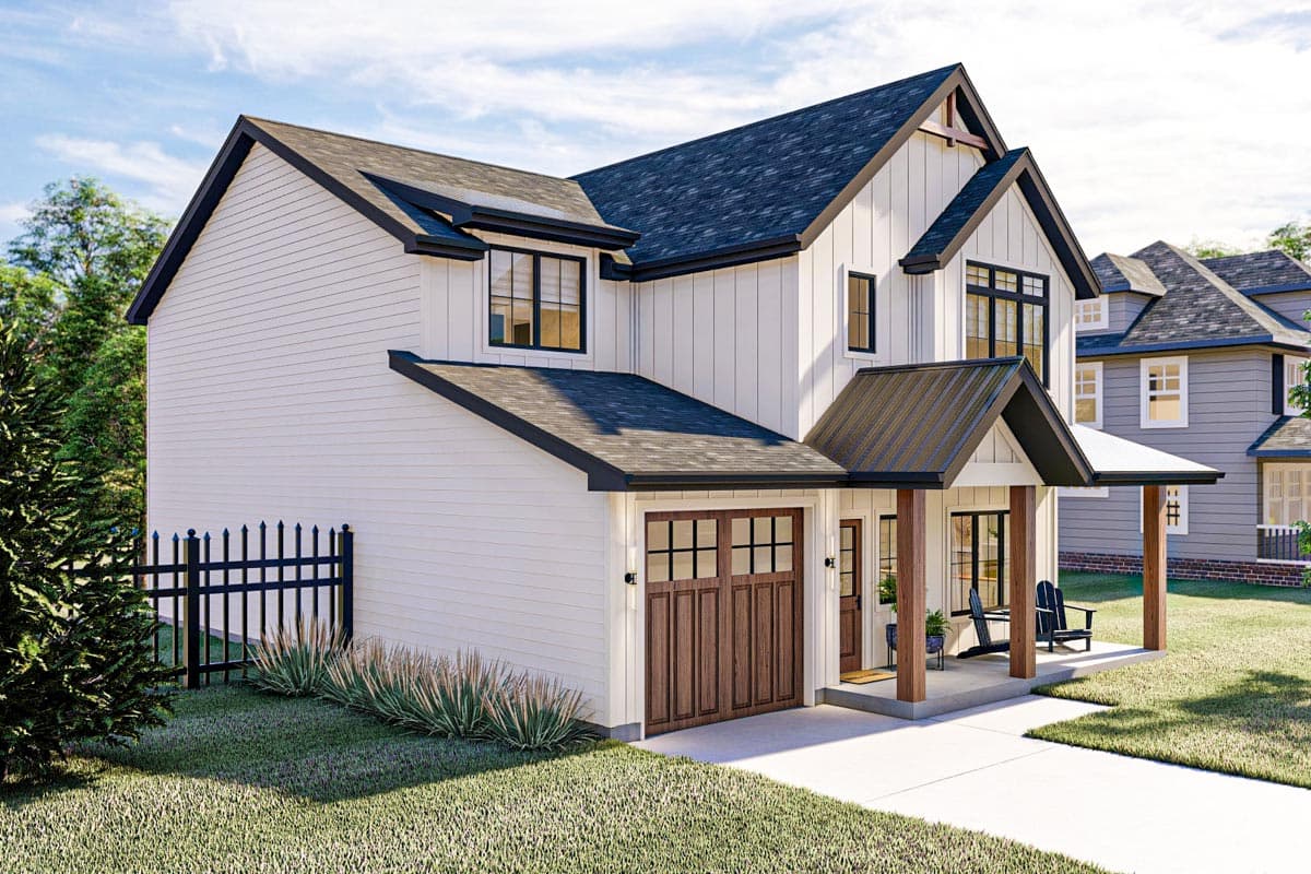 Modern Farmhouse house plan exterior with a two-car garage, covered porch, and vertical siding.