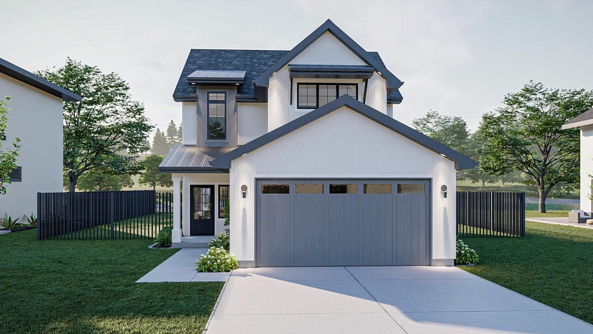 House plan exterior: two-story Modern Farmhouse with a gable roof, metal roof accents, and a two-car garage.