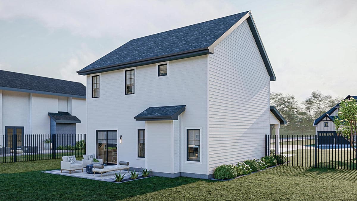 House plan exterior, two stories, white siding, dark gabled roof, and entryway awning.