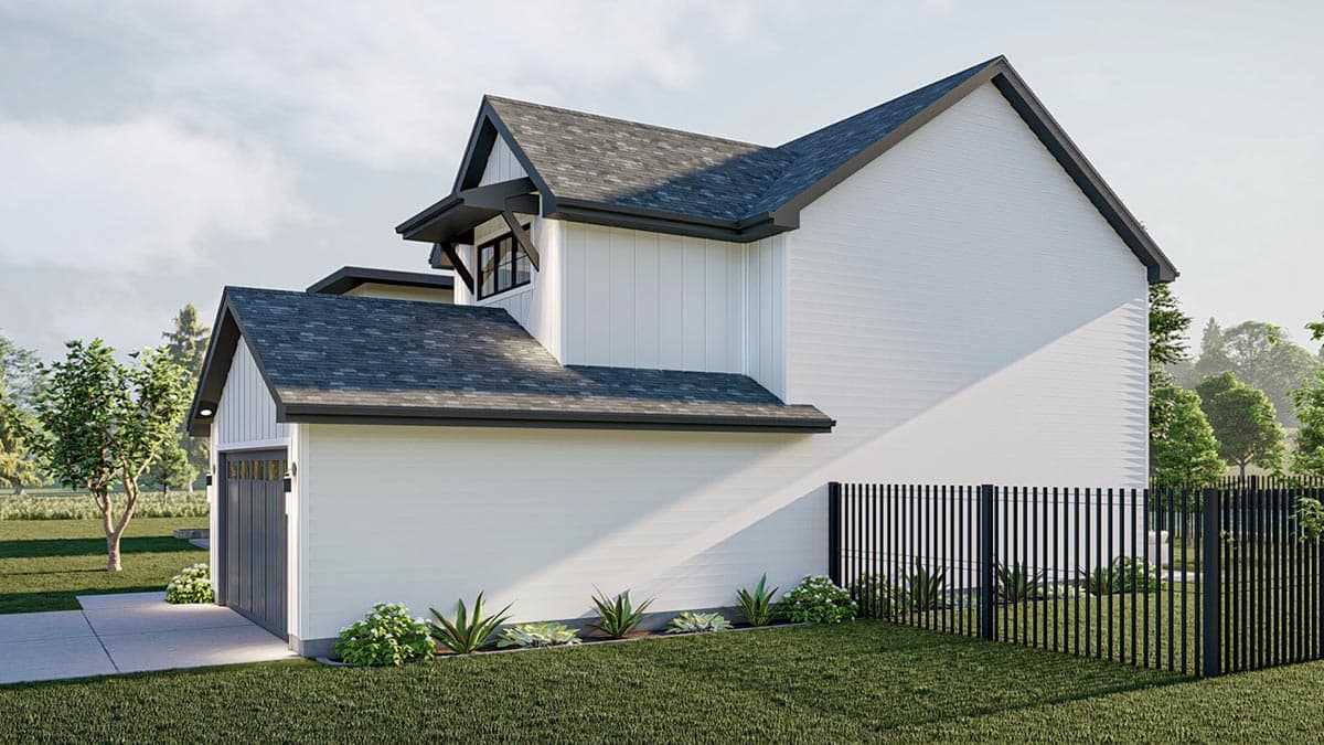 House plan exterior: Modern Farmhouse style with two stories, gables, dormers, and a side-entry garage.