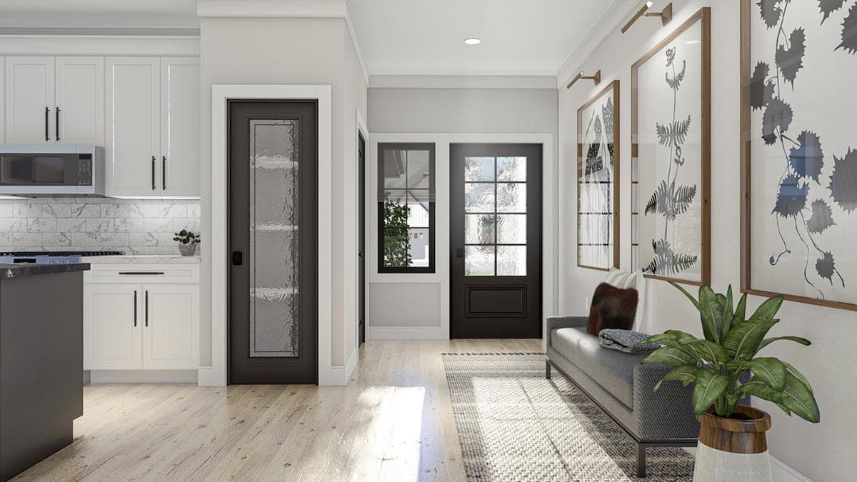 Interior rendering showing kitchen with white cabinets, dark island, and glass-paneled doors, leading to a hallway with a bench and botanical art.