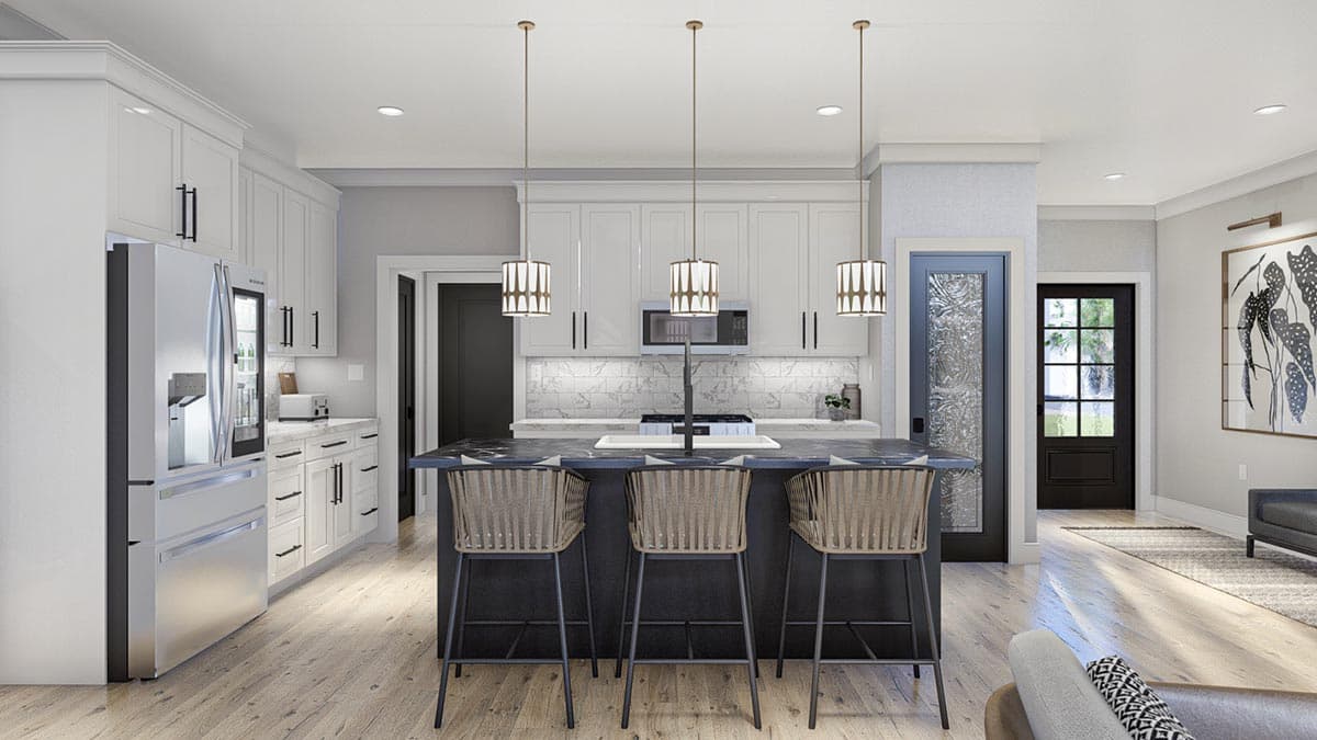 Modern kitchen with white cabinetry, marble backsplash, large island with pendant lights, and stainless steel refrigerator. Open layout.