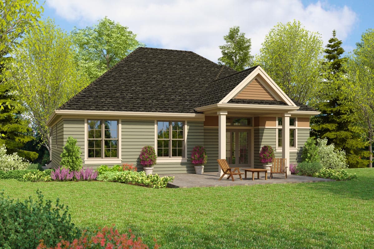 House plan exterior: Single-story modern farmhouse with a covered entry, multiple gables, and horizontal siding.