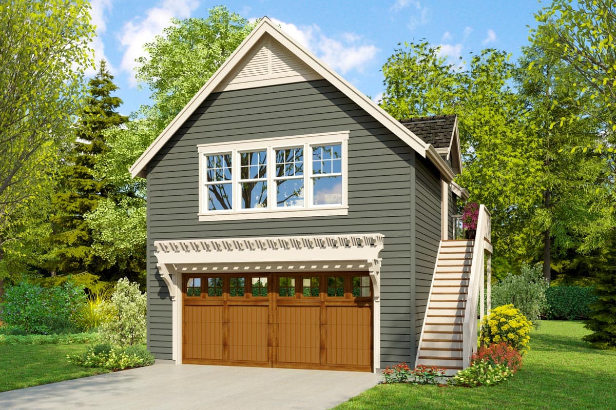 House plan exterior. Two-story garage with Craftsman style details. Features include gabled roof, pergola over garage door, and exterior stairs.