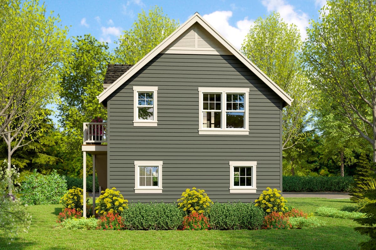 House plan exterior: two-story home with horizontal siding, gable roof, and second-story balcony.