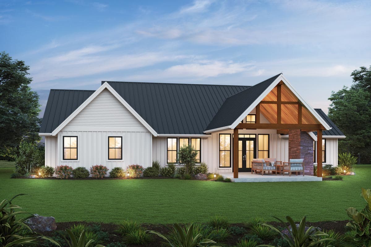Modern Farmhouse house plan exterior with gabled roof, board and batten siding, and covered porch with timber beams.