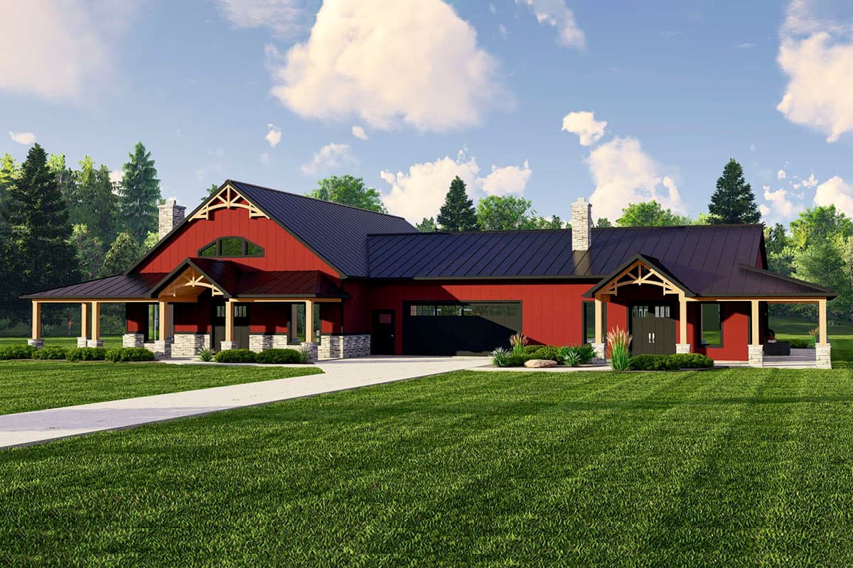 House plan exterior. Two-story barn-style home with a gabled roof, a front porch with timber framing, and a two-car garage.