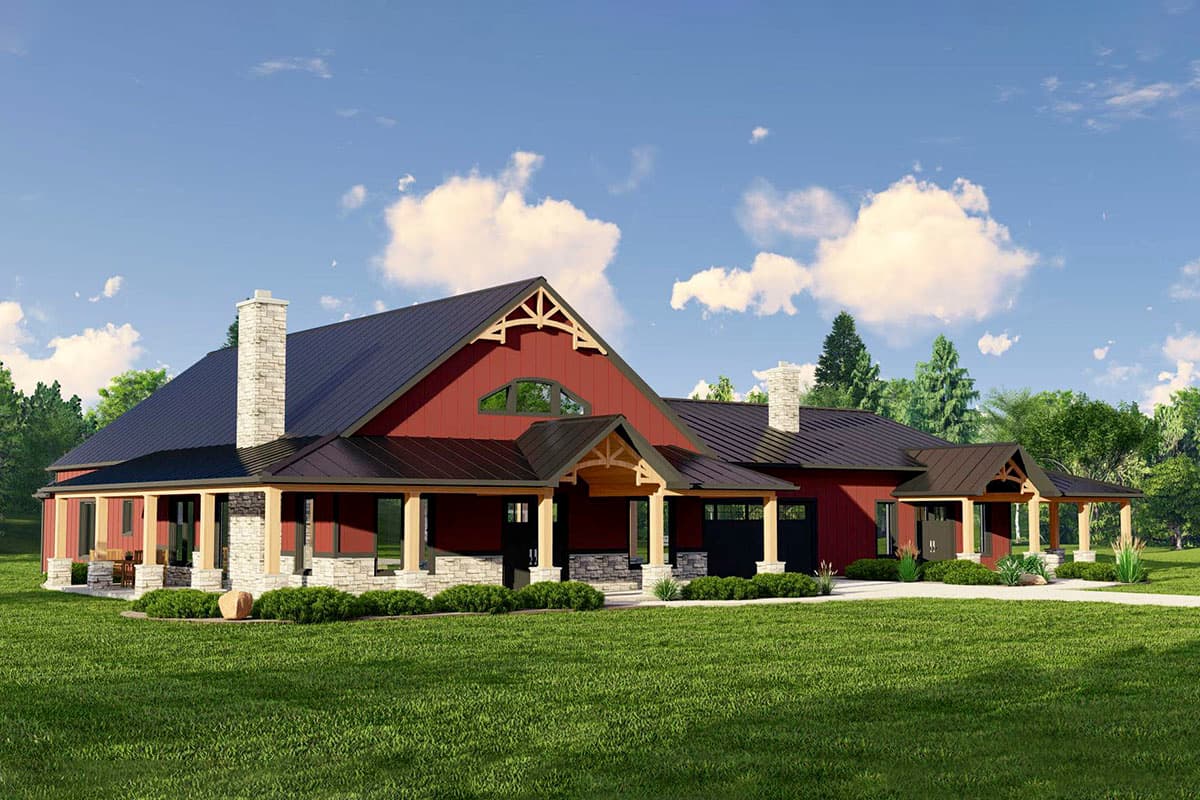 House plan exterior: Red siding, dark metal roof, stone chimney, and large covered porch with exposed beams.