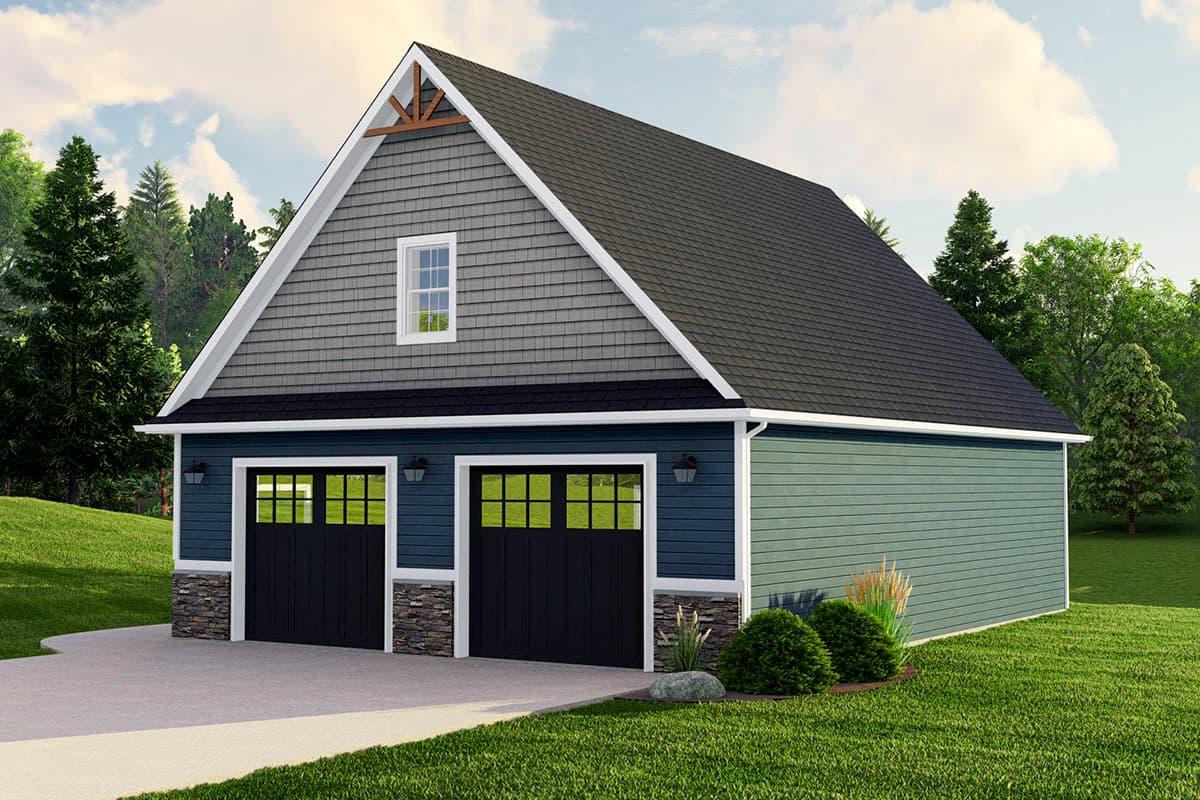 House plan exterior: Two-story garage with dual garage doors, stone bases, shake siding, and decorative gable accent.