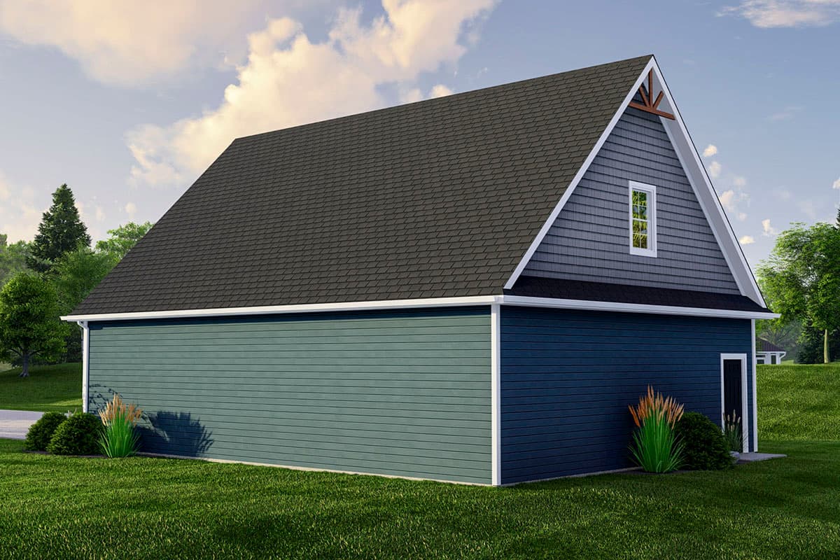 House plan exterior: two-story with dark asphalt shingles, horizontal siding, gable end, and a dormer window.