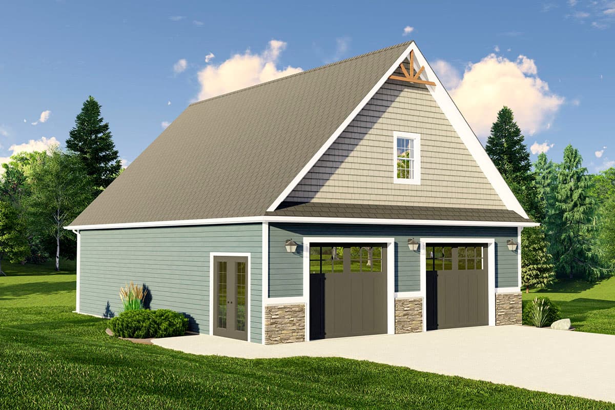 House plan exterior featuring a two-car garage with a gable roof, shake siding in the gable, stone accents, and a small window.