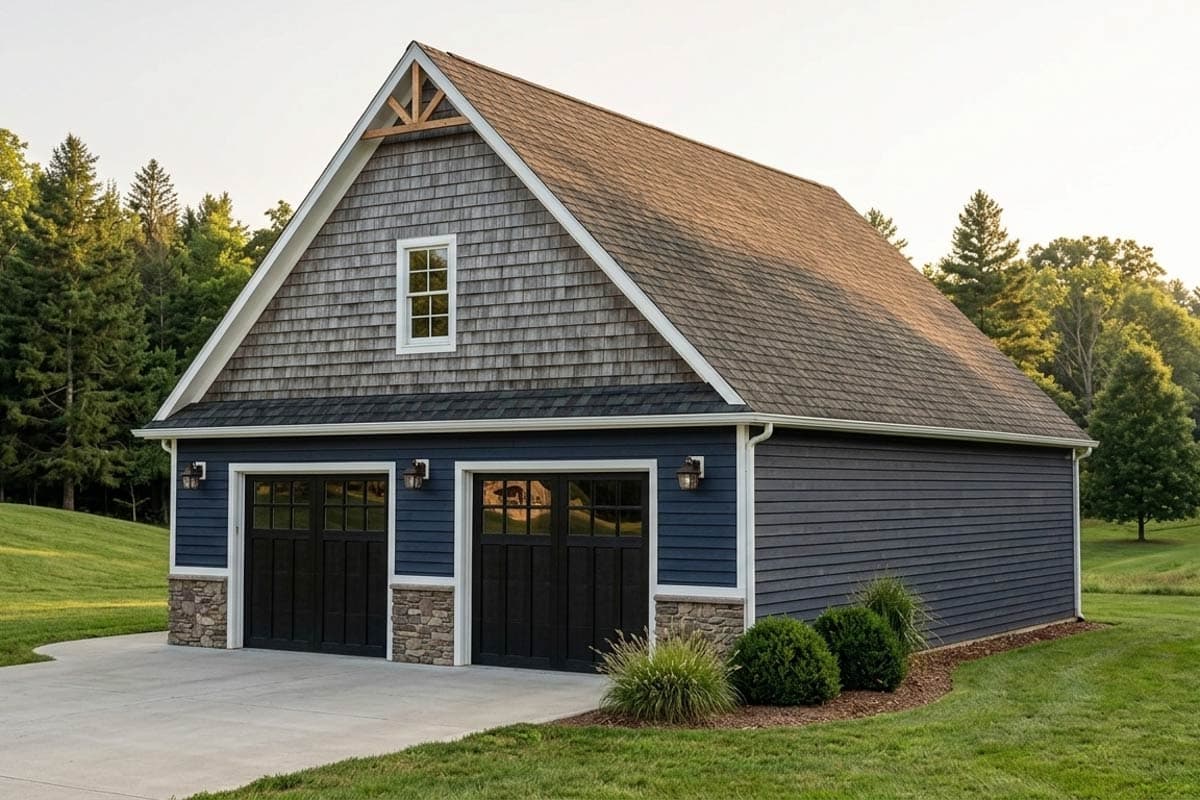 House plan exterior featuring a two-car garage with a gable roof, shake siding in the gable, stone accents, and a small window.