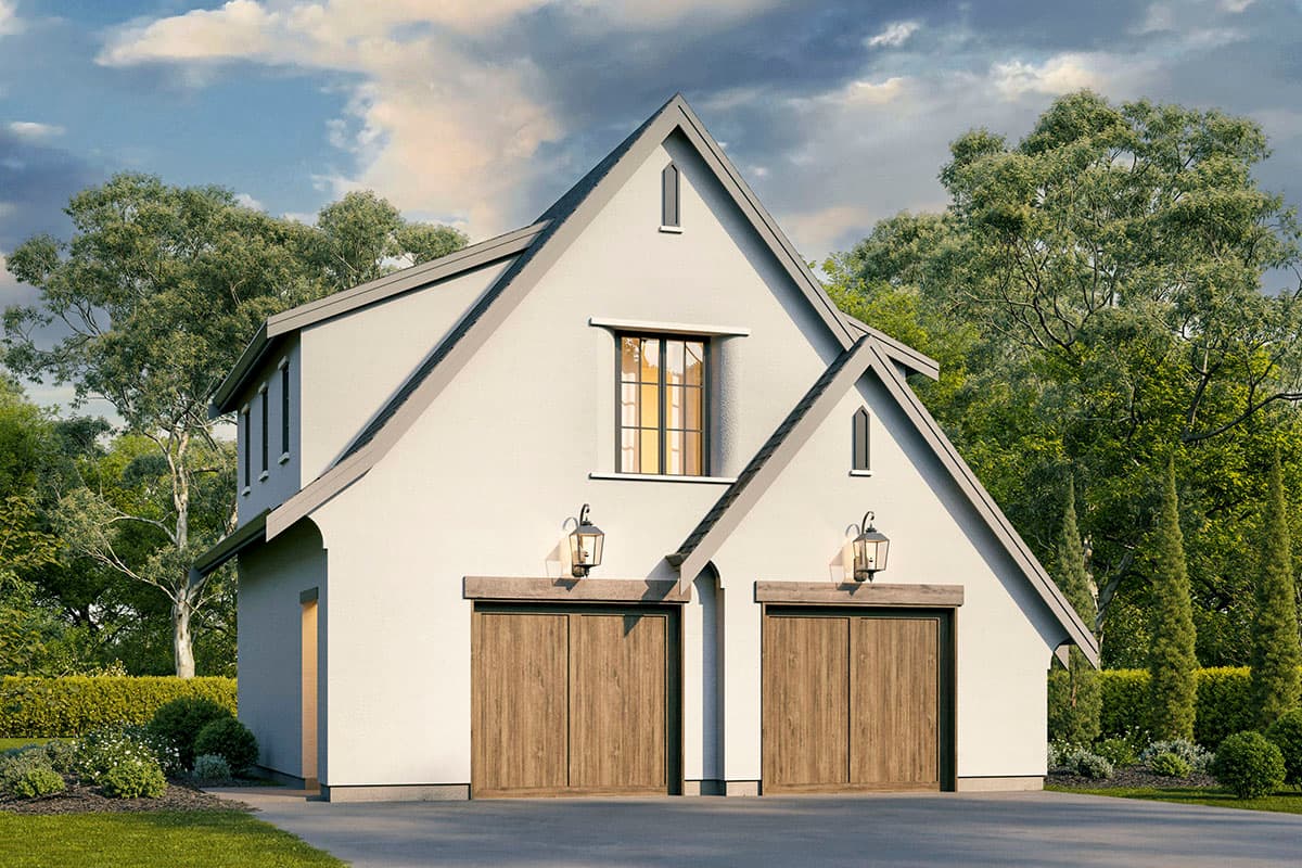 House plan exterior with two stories. Features include gable roof, dormer, and two-car garage. Exterior has wood garage doors and sconces.