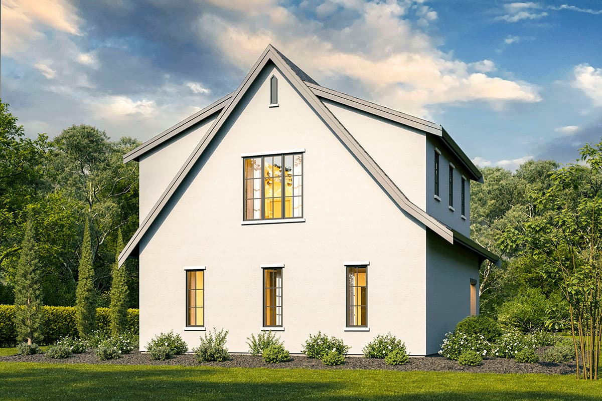 House plan exterior rendering of a two-story Modern style house with a prominent gable, dark-trimmed windows, and light gray stucco.