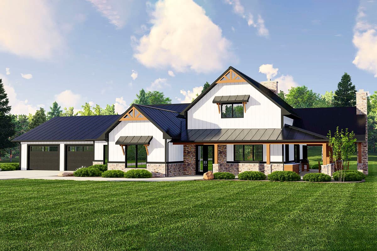 House plan exterior rendering. Modern Farmhouse style with a gabled roof, a covered porch, and a detached garage.