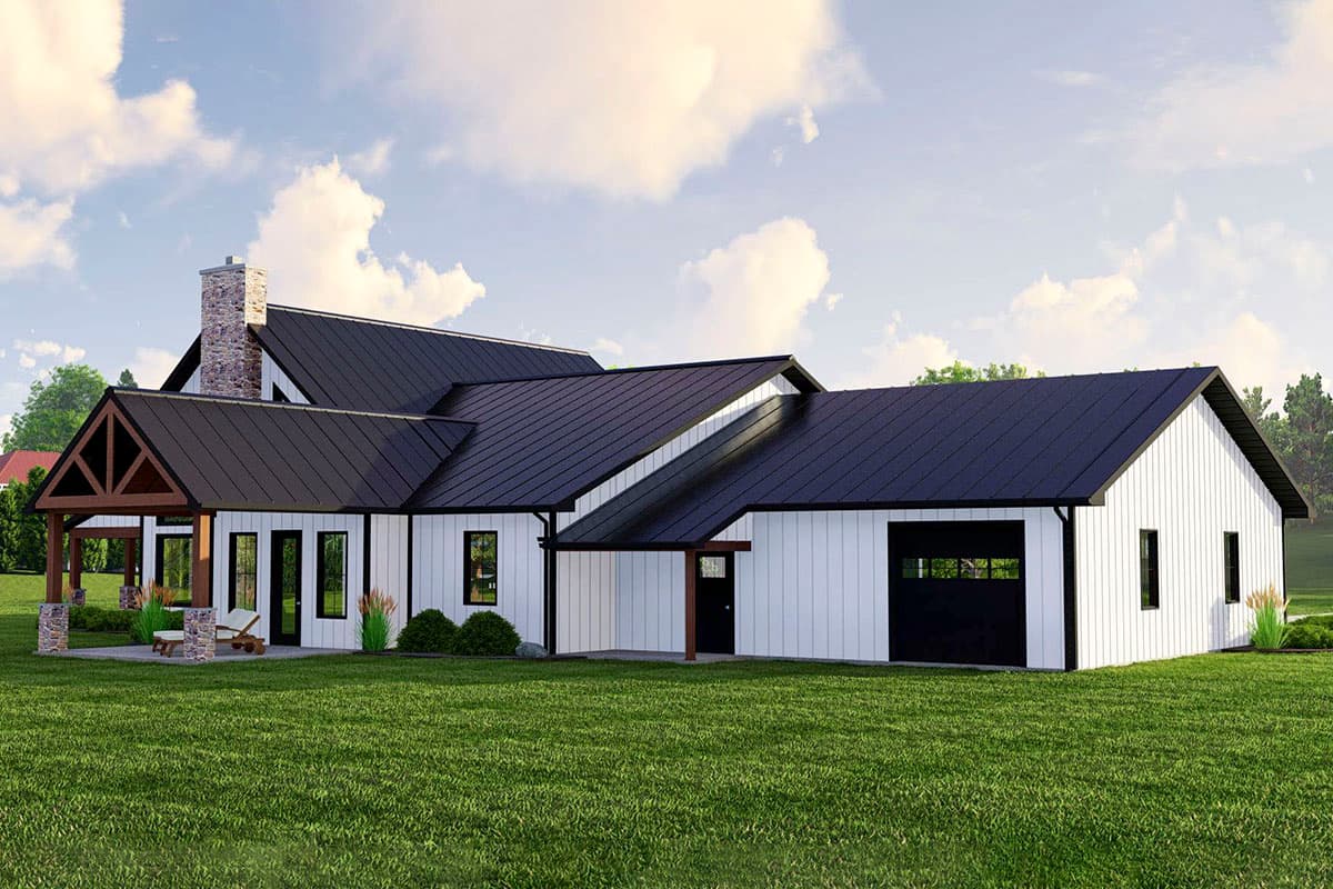 Modern Farmhouse house plan exterior with stone chimney, covered porch with wood beams, and a two-car garage.