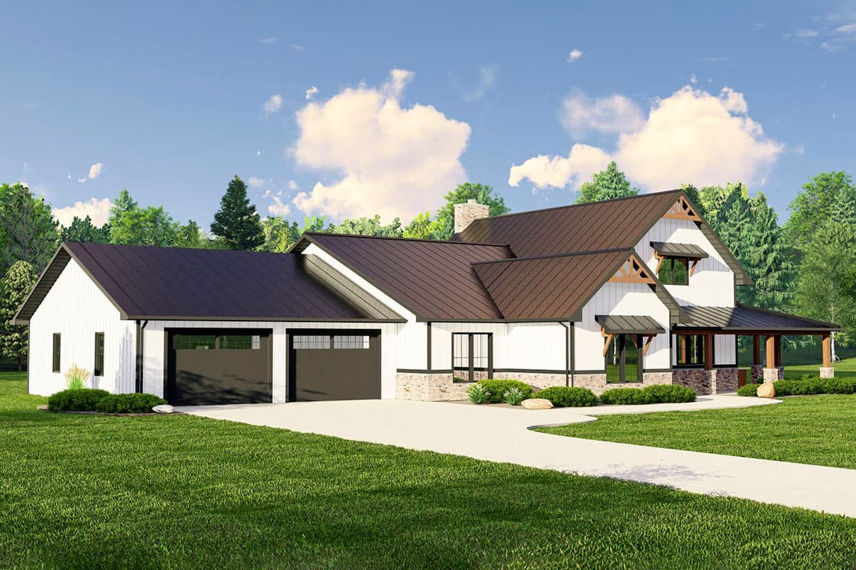 Modern Farmhouse house plan exterior with a two-car garage, gables, dormers, and a covered porch.