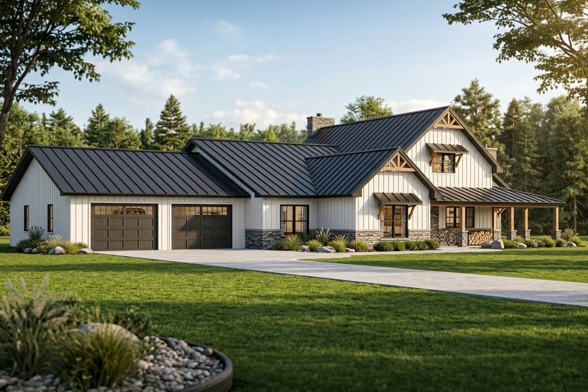 Modern Farmhouse house plan exterior with a two-car garage, gables, dormers, and a covered porch.