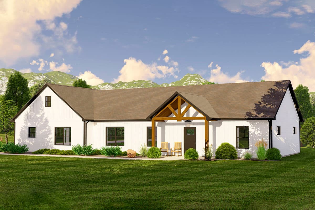 House plan exterior. Modern farmhouse style with one story, gable roof, covered porch with exposed beams, and multiple windows.