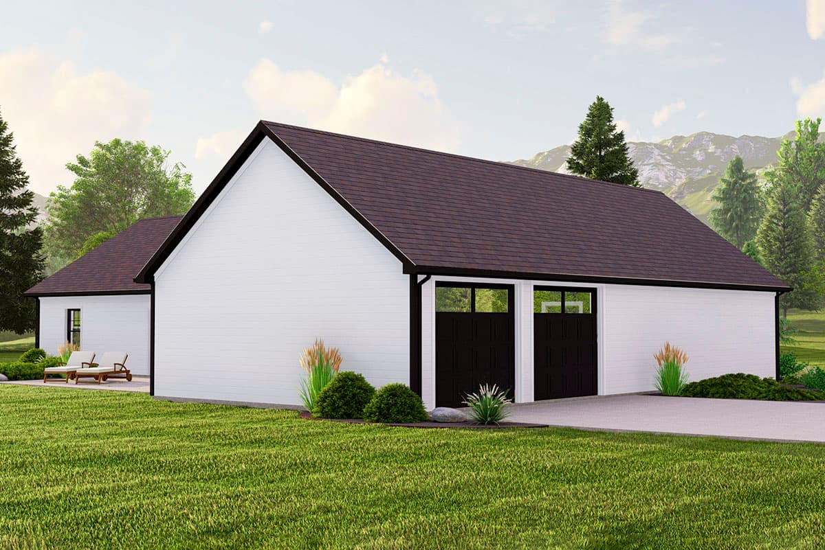 Modern Farmhouse house plan exterior, one story, white siding, dark gabled roof, and double garage doors with windows.