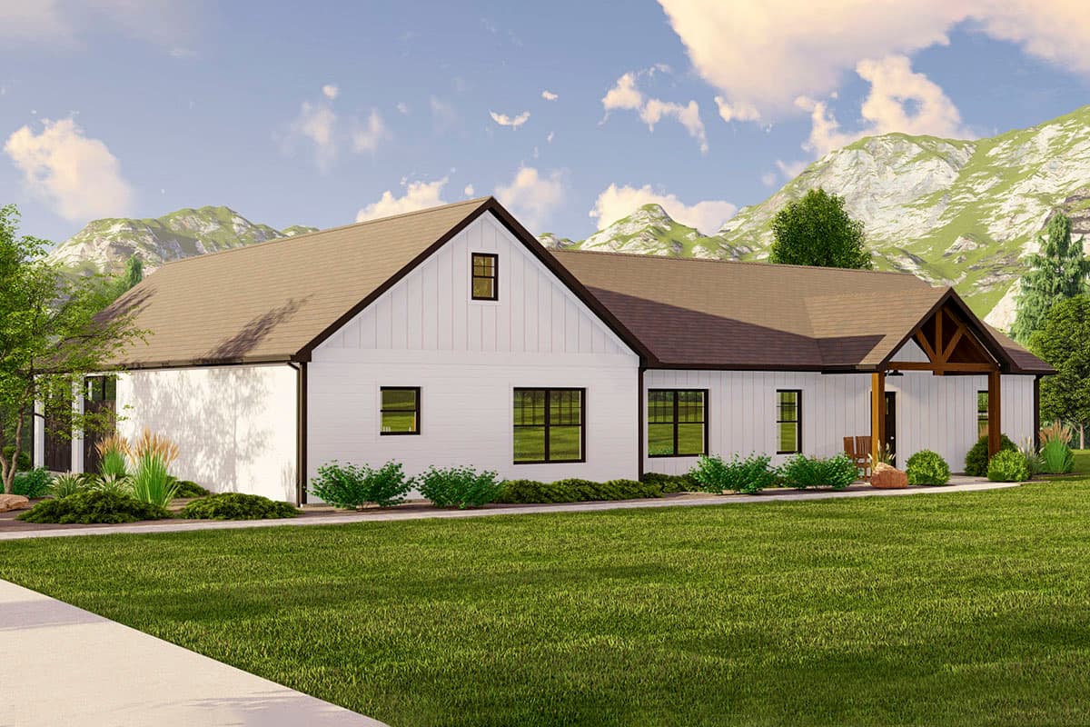 Modern Farmhouse house plan exterior with white board and batten siding, gable dormer, and covered porch with exposed wood beams.