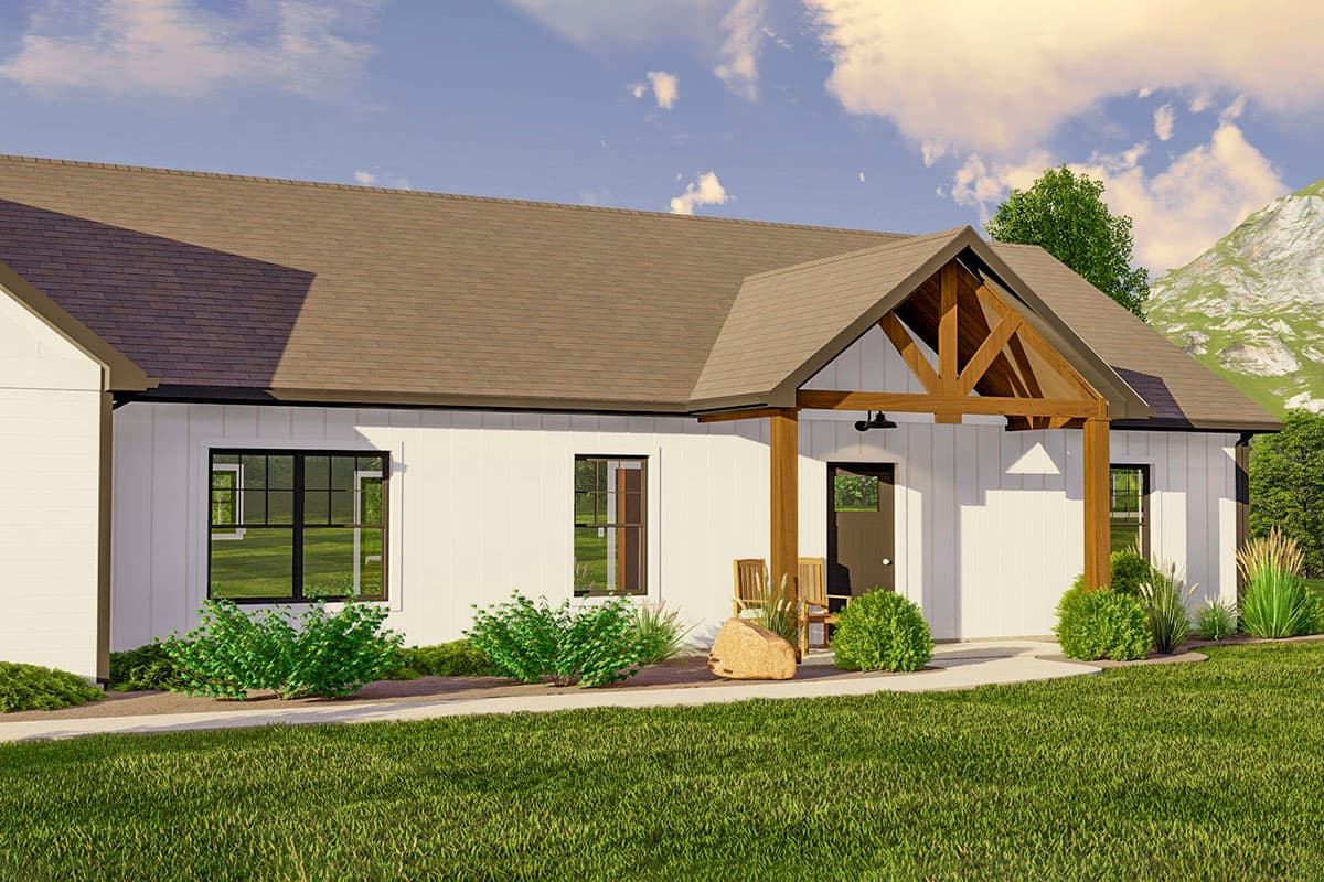 Modern Farmhouse style house plan exterior with a covered porch featuring exposed wooden beams and a single story.