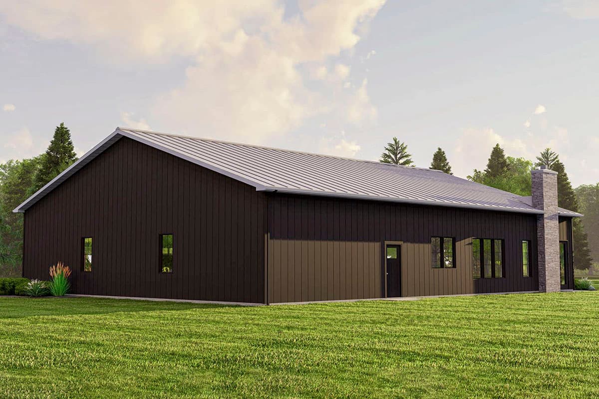 Modern house plan exterior with dark vertical siding, metal roof, stone chimney, and multiple windows.