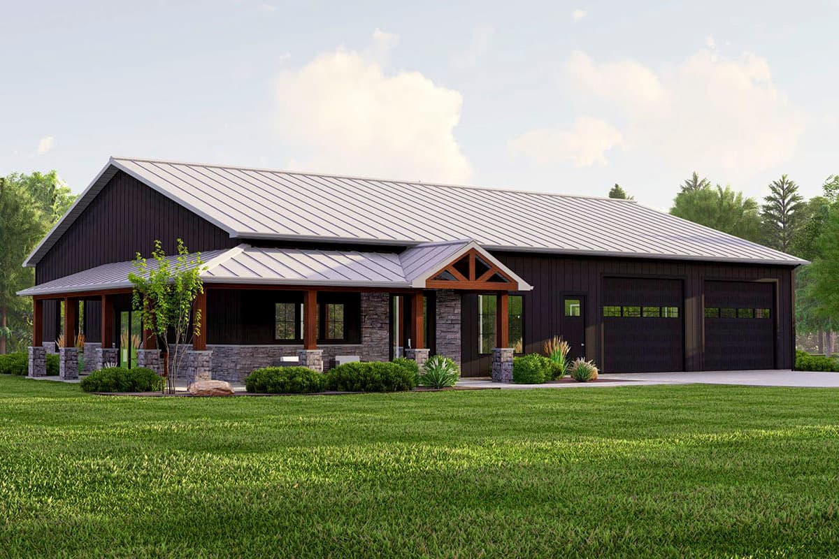House plan exterior: Modern barn style home with a wraparound porch, stone accents, and a two-car garage.